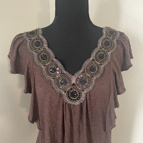 Y2K VANITY Womens Sz L Brown Sequin Embellished Ruffle Sleeve Stretch Top VTG - Picture 3 of 9
